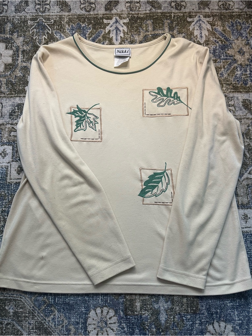 Nikki Cream Long-Sleeve Tee with Green Leaf Appliques